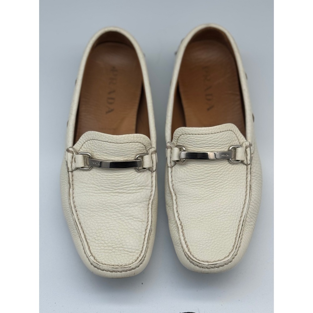 Authentic Prada White Pebbled Leather Driving Loafers Moccasins Men's UK 7 US8